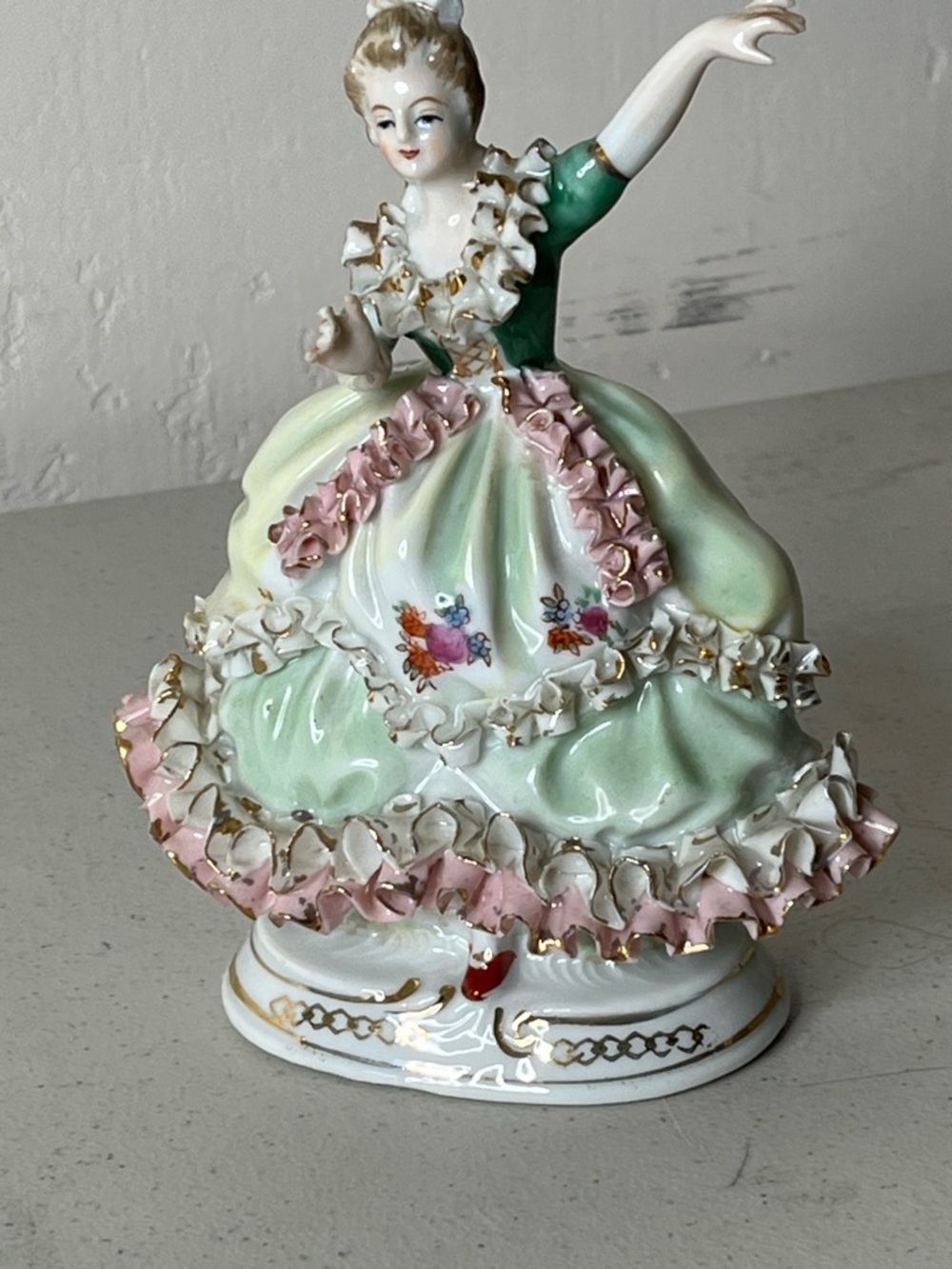 Porcelain Figurine in Mint Green and Pink